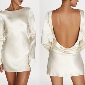 Meshki Davina Satin Long Sleeve Open Back Mini Dress in Ivory Size Small